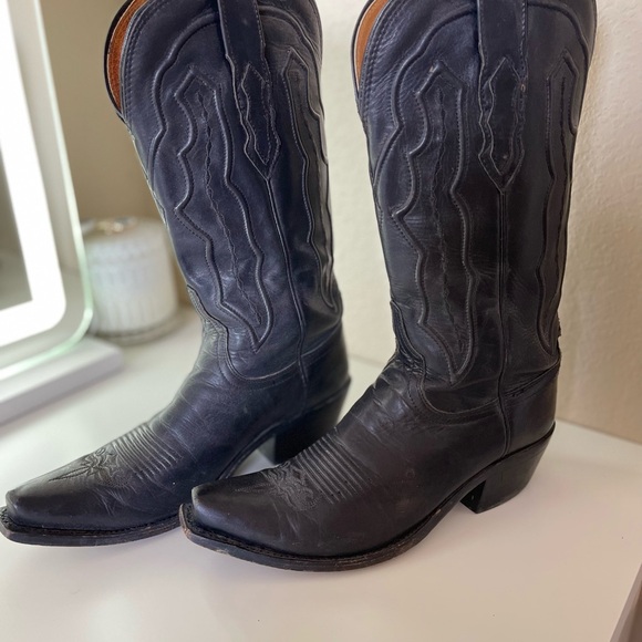 Lucchese Black Heeled Boots with Intricate Stitching - Picture 1 of 5